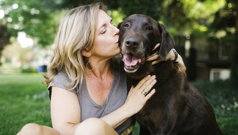 Portrait of woman kissing Labrador Retriever