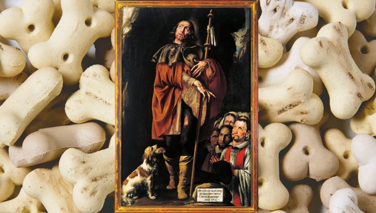 A painting of Saint Roch with a dog at his legs holding bread in his mouth.