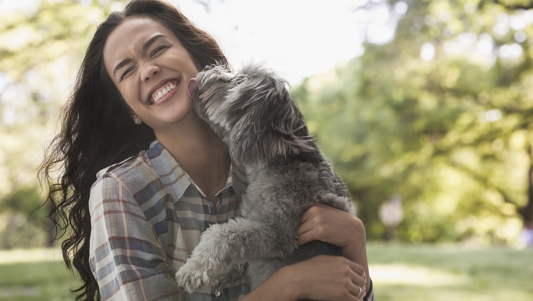 A dog licks a woman's face in the park.