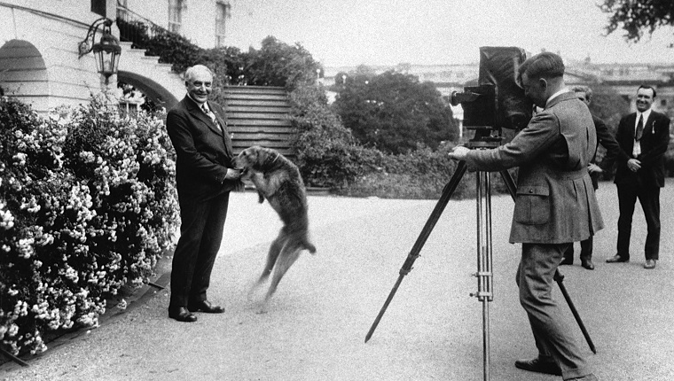 President Warren G. Harding (1865-1923) plays with his dog as a photographer takes a picture of them. Harding was the twenty-ninth president of the United States, serving from 1921 until his death in office in 1923..