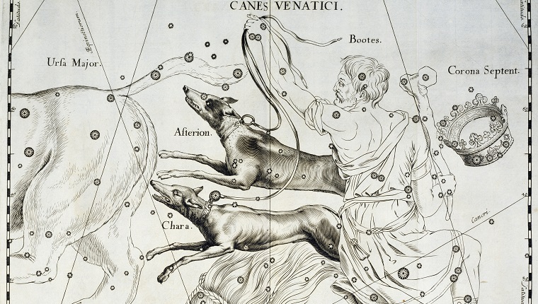 POLAND - JANUARY 09: Canes Venatici, the boreal constellation of the Hunting Dogs, illustration taken from Johann Hevelius's (1611-1687) star atlas Firmamentum Sobiescianum sive Uranographia, Gdansk, 1690. Milan, Biblioteca Dell'Osservatorio Astronomico Di Brera (Library) (Photo by DeAgostini/Getty Images)