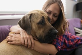 Woman hugging dog on living room sofa