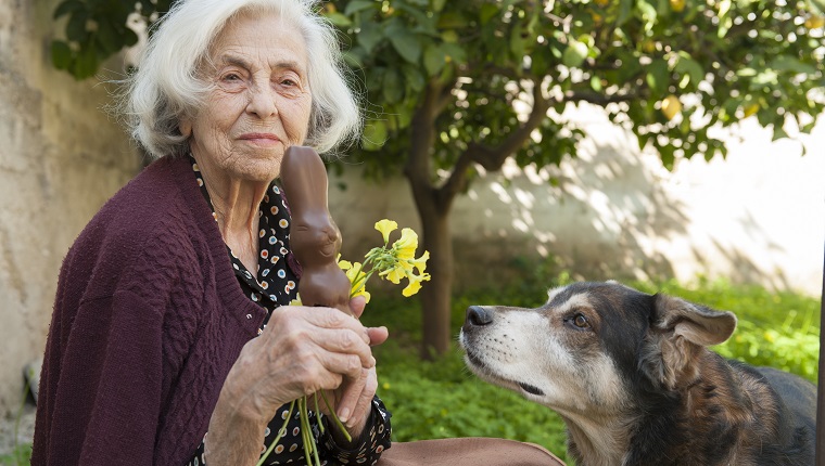 Senior woman with easter chocolate bunny and flowers