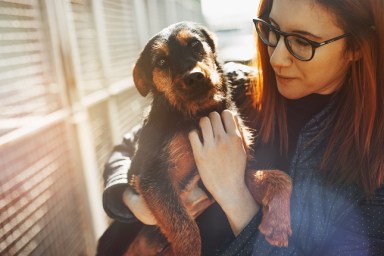 Young woman in dog shelter.