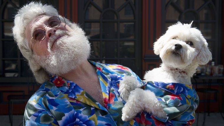 Mature man and his small white dog have the same fashion sense.