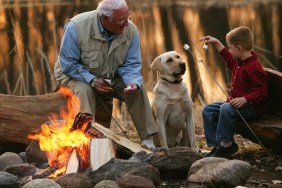 Grandfather And Grandson Roast Marshmallows On The Beach