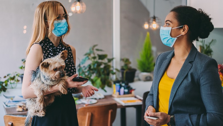 Coworkers in the office during COVID-19 pandemic, wearing protective masks on face and keeping distance