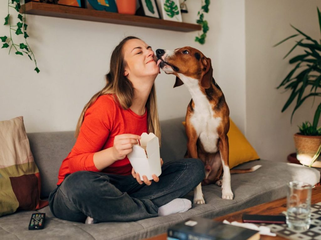 dog licking woman's face while eating take-out