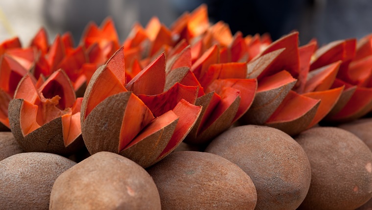 Mamey in market. Mexican fruit. Mamey sapote. Very shallow depth of field