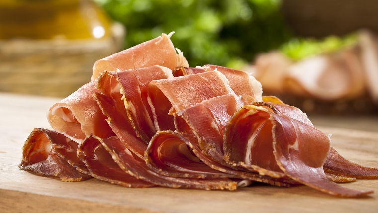 Sliced Italian Prosciutto on Wood Cutting Board