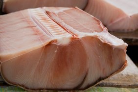 Shark meat in Jagalchi Fish Market, Busan, South Korea.