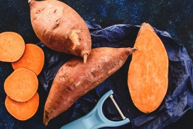 Sliced and whole sweet potatoes