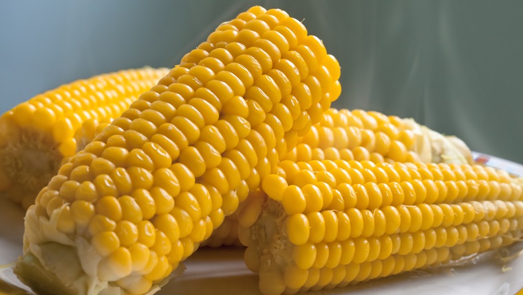 close up of sweet corn boiled with steam