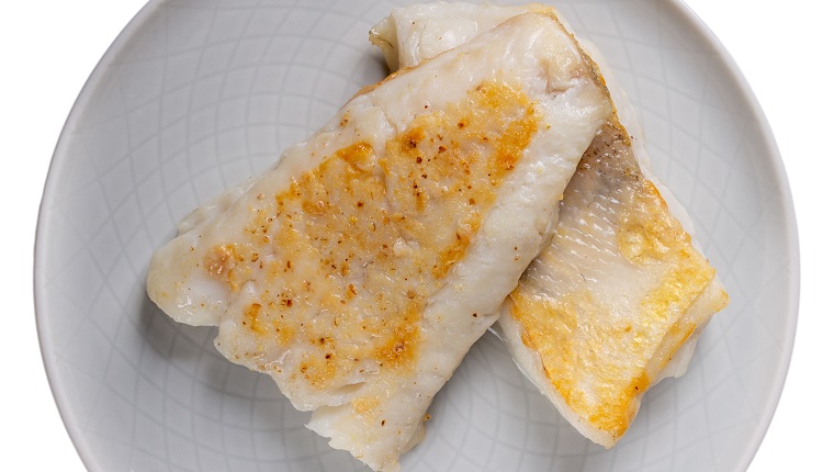 Roasted white fish fillet on gray plate isolated on white background. Top view.