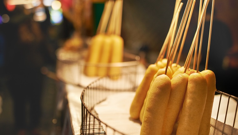 Shot of corndogs at a Taiwanese night market stall