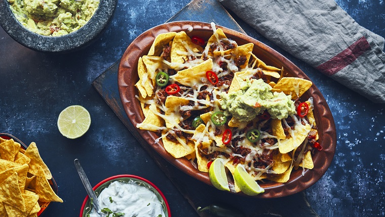 Nachos with Minced Meat, Hot Salsa and Guacamole