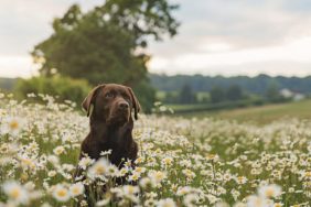 Chocolate Labrador in field of daisies at sunset