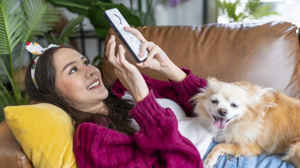 Young woman looking at TikTok dog trends with chihuahua on lap