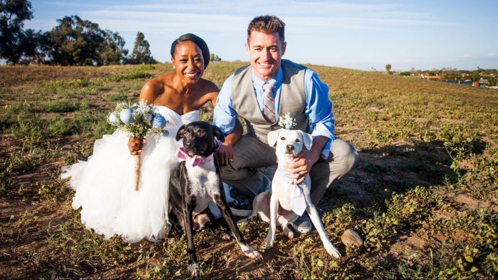 happy bride and groom include dog in wedding