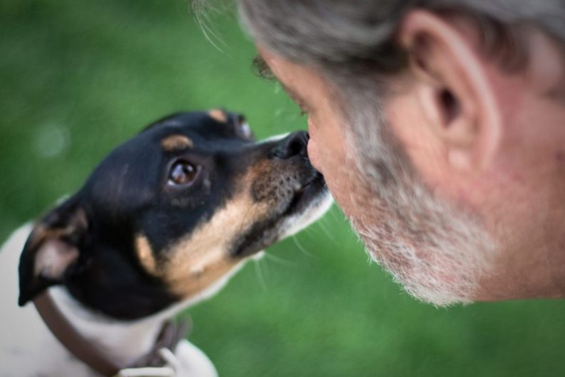 man and dog reunited, touching noses