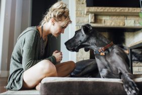 Woman looking at dog in human dog bed.