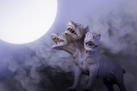 Photograph depicts a model of Cerberus, the three-headed dog and guardian to the underworld, who was a fierce mythological dog in Ancient Greek folklore.