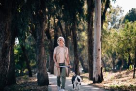 A woman walking her leashed dog along a footpath in a park, Dartmoor dog walkers are required to keep their dogs on short leads while walking them in the park until July 31