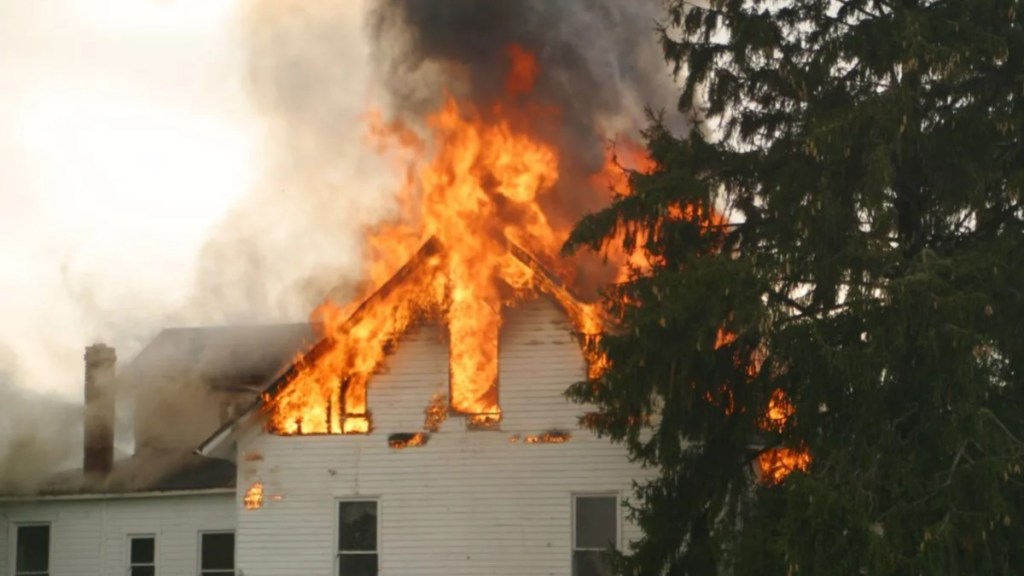 A white house engulfed in flames, a garbage collector saved a dog from a house fire in England.