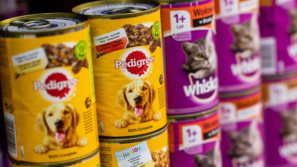 Pedigree dog food cans seen at the grocery store.