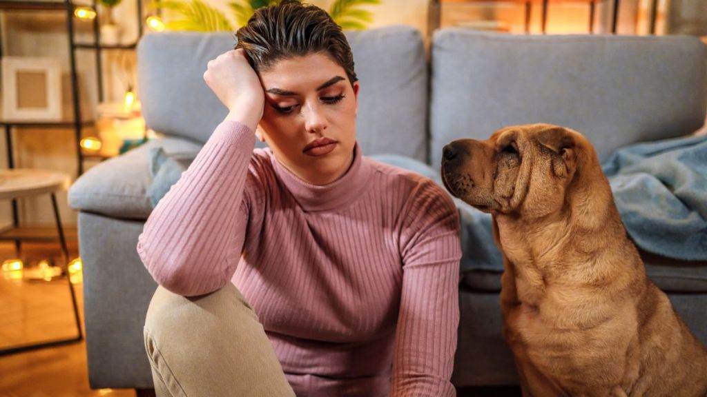 Stressed young woman sitting on the floor at home, with her Chinese Shar-Pei sitting next to her worried. Recent study found dogs smelling rising stress levels in humans can affect their decision-making and mood.