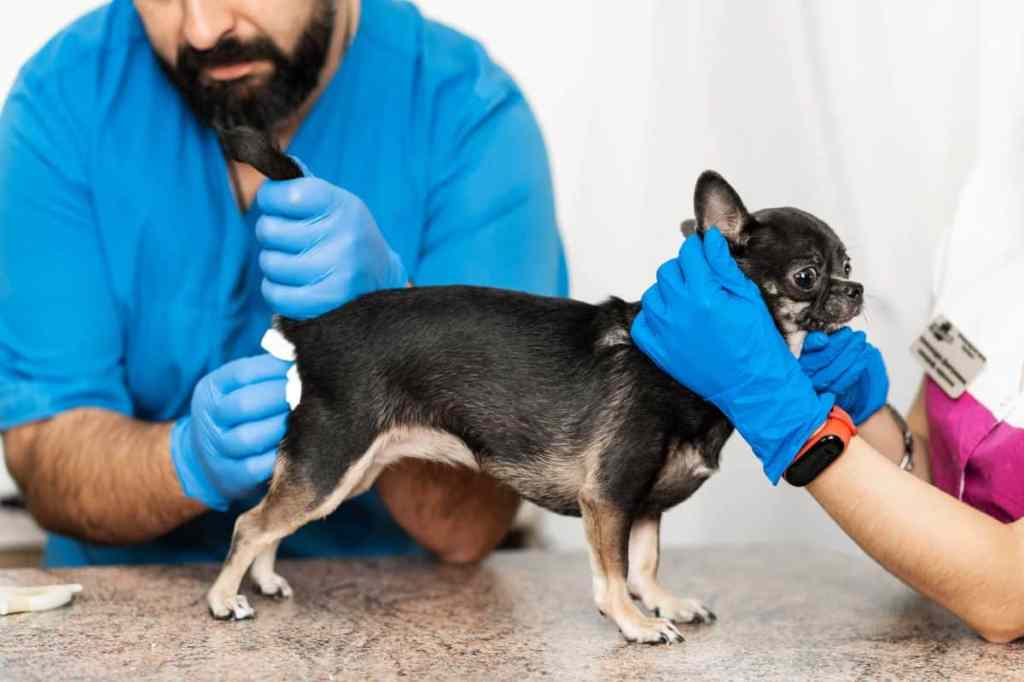 Vet cleaning dog’s rear after expressing anal glands manually — a technique to reduce scooting related to anal gland issues.