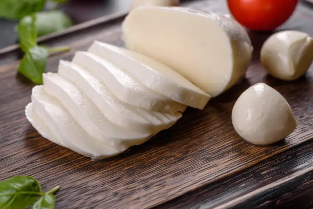 A closeup photo of sliced mozzarella cheese, which can be safe for dogs in moderation.