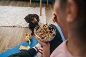 A woman eats muesli for breakfast and feeds her dog