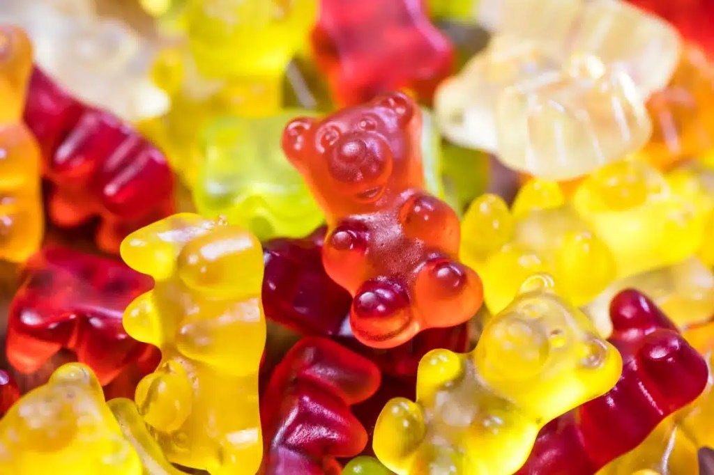 A closeup photo of sugar-filled gummy bears, which although technically safe for dogs in moderation, should not be given as a treat.